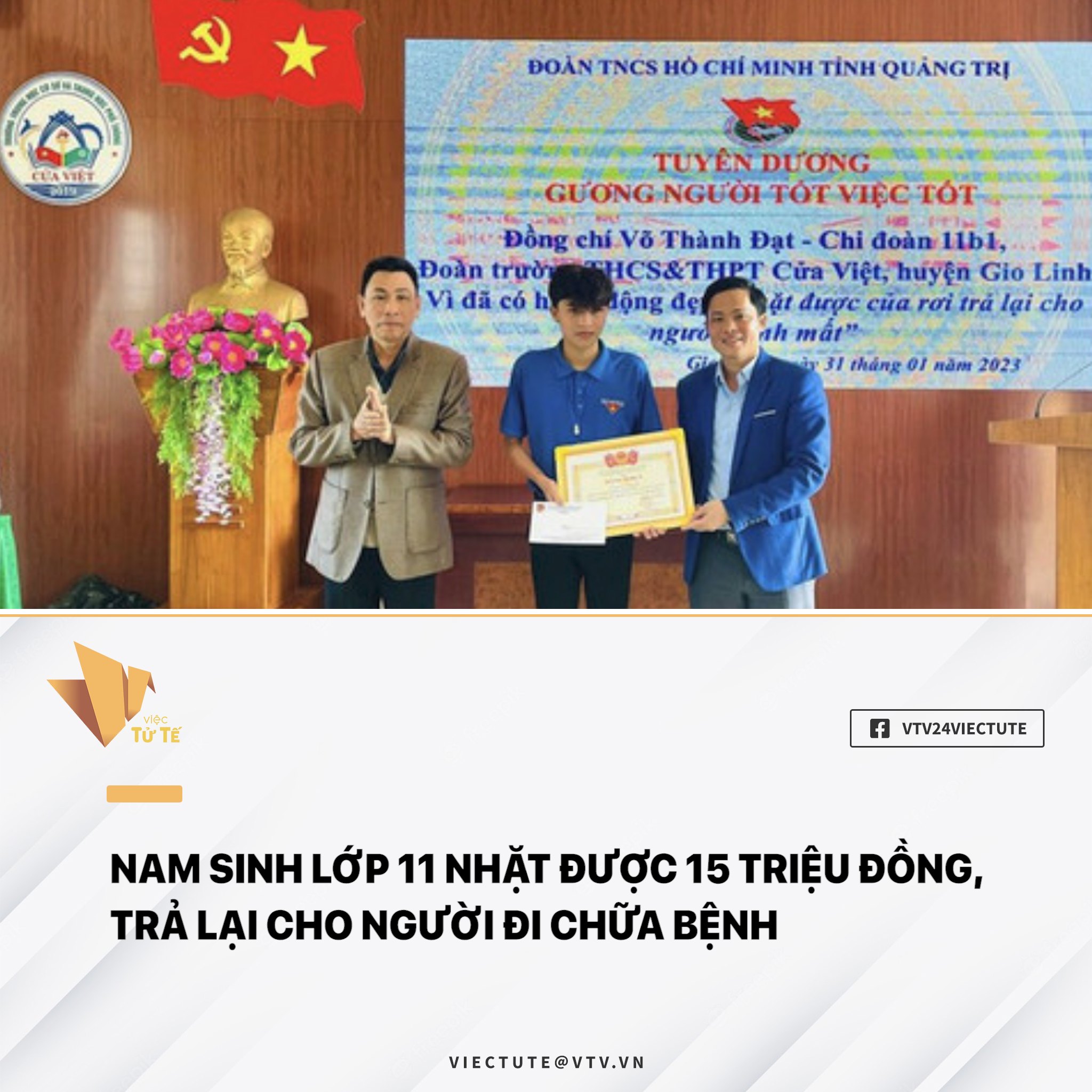 NAM SINH LỚP 11 NHẶ ĐƯỢC 15 TRIỆU ĐỒNG, TRẢ LẠI CHO NGƯỜI ĐI CHỮA BỆNH